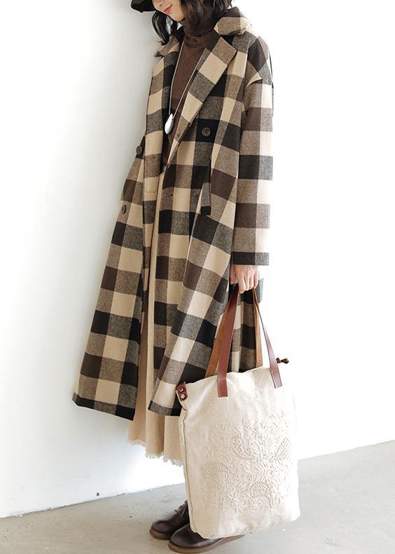 women Loose fitting medium length coat Plaid pockets Notched Woolen Coats - SooLinen