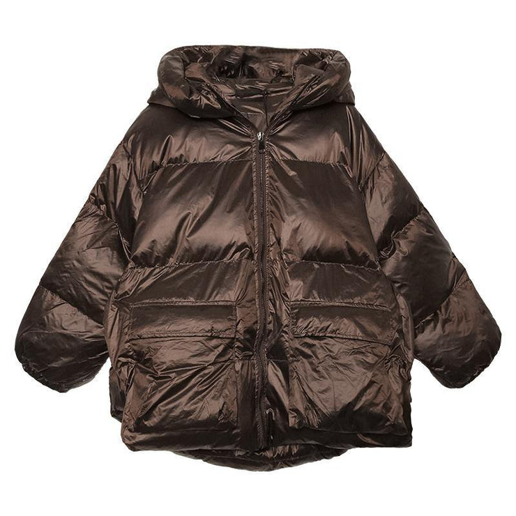 women Loose fitting snow jackets Jackets chocolate hooded zippered goose Down coat - SooLinen