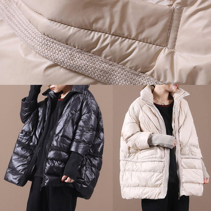 women Loose fitting snow jackets coats red stand collar patchwork down coat winter - SooLinen