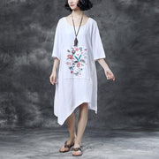 women Midi-length cotton dress trendy plus size Loose Round Neck Embroidered Irregular Cotton Dress