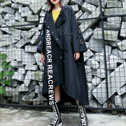 women black Coat plus size hooded asymmetric trench coat women tie waist print coats
