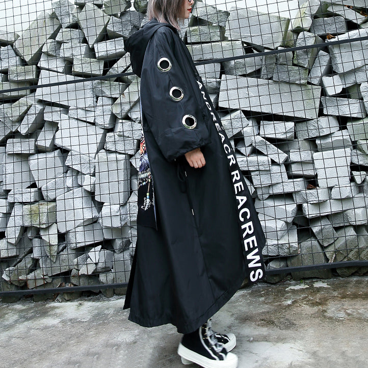 women black Coat plus size hooded asymmetric trench coat women tie waist print coats