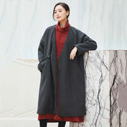 Frauen schwarz Mäntel trendy plus Größe V-Ausschnitt Outwear Vintage baggy Taschen Wolljacken