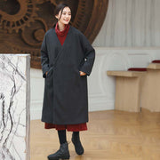 Frauen schwarz Mäntel trendy plus Größe V-Ausschnitt Outwear Vintage baggy Taschen Wolljacken