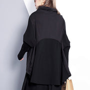 women black cotton blended blouse plus size Turtleneck pockets women batwing Sleeve patchwork cotton blended t shirt