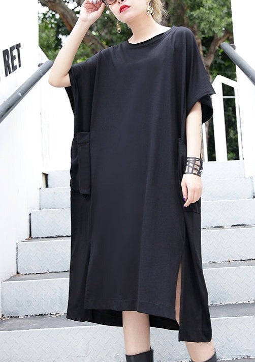 Frauen schwarzes Baumwollkleid plus Größenkleidung große Taschen Baumwollkleid Elegante, seitlich offene Kaftane