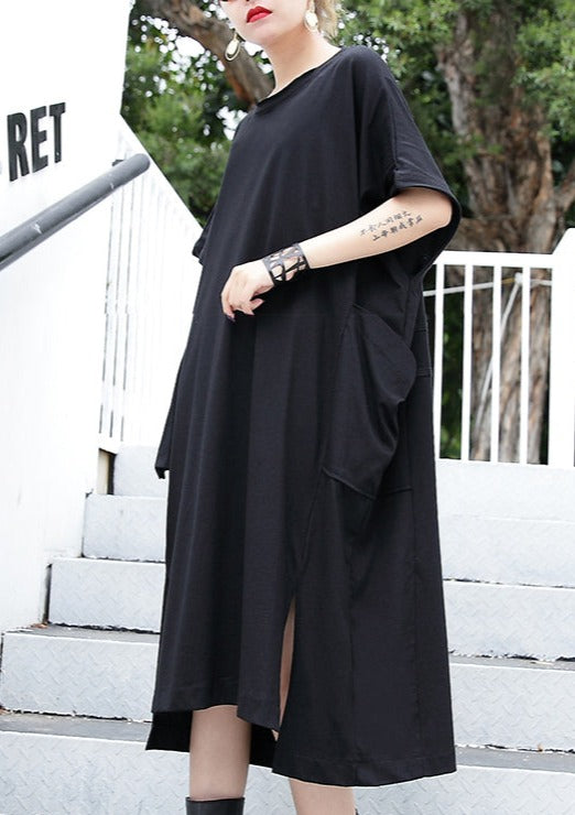 women black cotton dress plus size clothing big pockets cotton gown Elegant side open kaftans