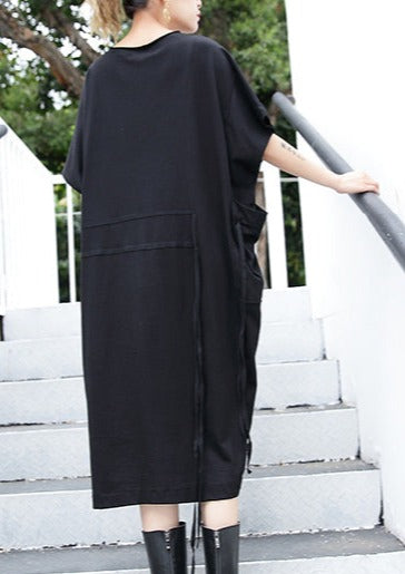women black cotton dress plus size clothing big pockets cotton gown Elegant side open kaftans