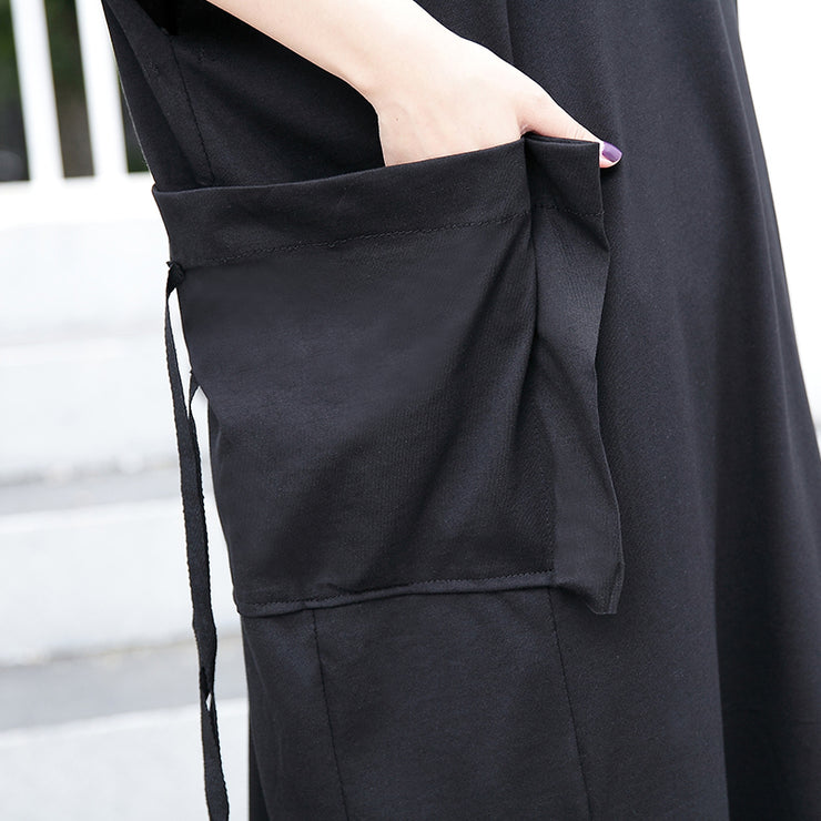 Frauen schwarzes Baumwollkleid plus Größenkleidung große Taschen Baumwollkleid Elegante, seitlich offene Kaftane