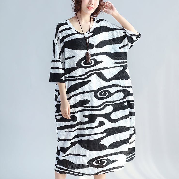 women black cotton knee dress trendy plus size casual dress New short sleeve asymmetric striped cotton dresses