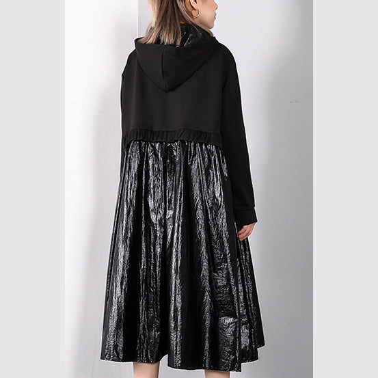 Frauen schwarz Herbst übergroße Reisekleidung Kordelzug Elegante Patchwork-Kleider mit Kapuze