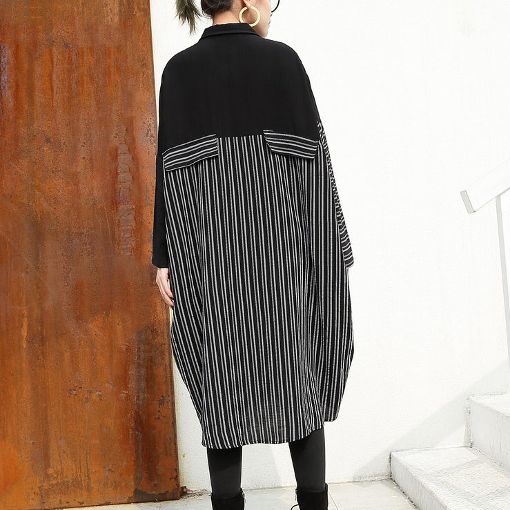 women black linen dresses Loose fitting linen clothing dresses fine patchwork striped cotton clothing