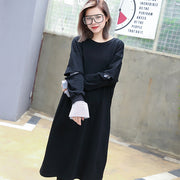 Frauen schwarzes Kleid aus natürlicher Baumwolle Oversize O-Ausschnitt Kaftane Vintage Taschen Patchwork Kaftane