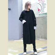 Frauen schwarzes Kleid aus natürlicher Baumwolle Oversize O-Ausschnitt Kaftane Vintage Taschen Patchwork Kaftane