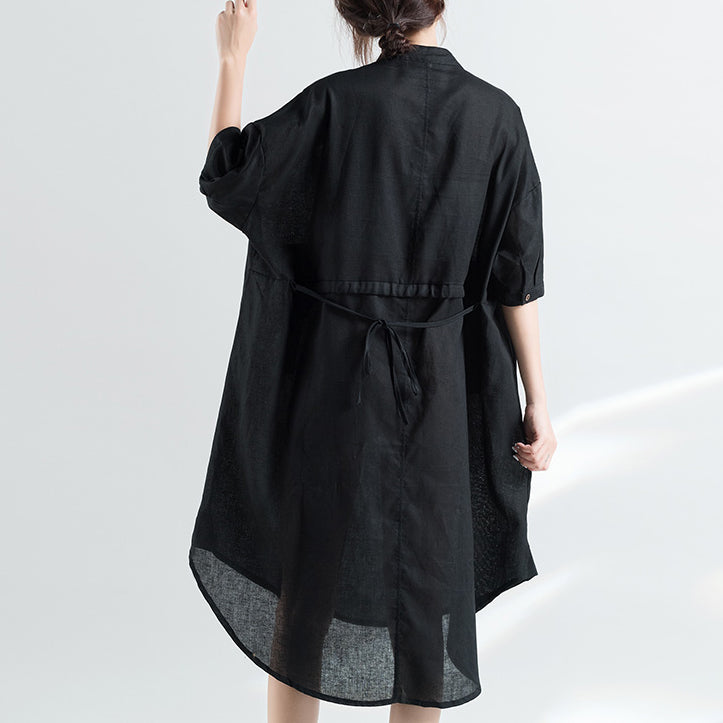 women black natural cotton dress oversize clothing dresses 2018 half sleeve Stand natural cotton dress