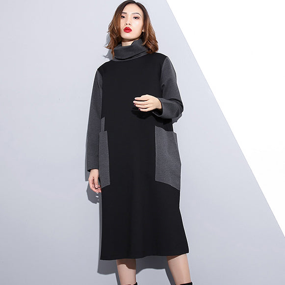 women black oversize traveling clothing patchwork vintage high neck side open clothing dress