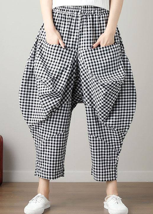 women black plaid casual cotton pants plus size big pockets crop pants - SooLinen