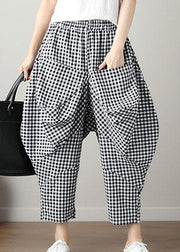 women black plaid casual cotton pants plus size big pockets crop pants - SooLinen