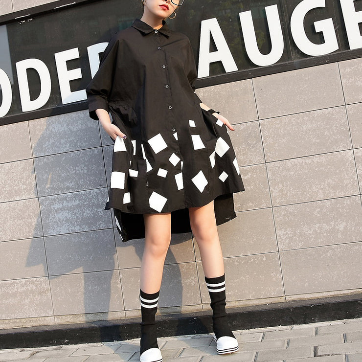 women black print cotton tops plus size cotton t shirt casual asymmetric side open cotton tops