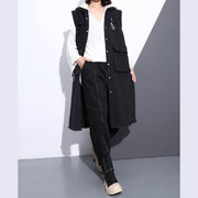 Frauen schwarze Bluse aus reiner Baumwolle plus Größe Umlegekragen Taschen Reisebluse Vintage Ärmellose Baumwolltops mit Reißverschluss