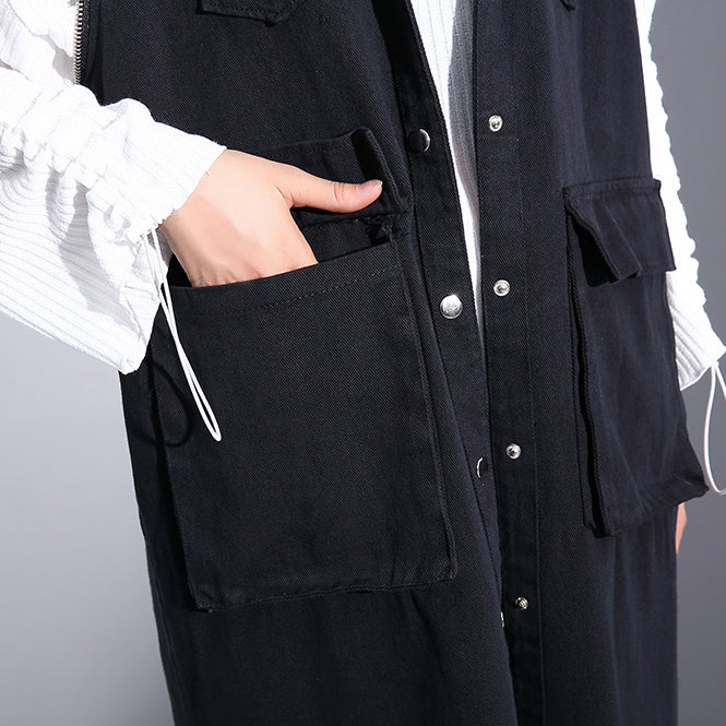Frauen schwarze Bluse aus reiner Baumwolle plus Größe Umlegekragen Taschen Reisebluse Vintage Ärmellose Baumwolltops mit Reißverschluss