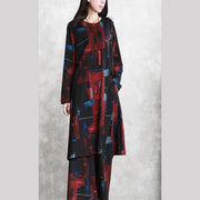 women black red print pure cotton blended two picese plus size New long sleeve asymmetrical design o neck and baggy pants