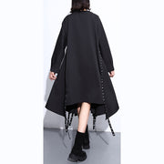 Frauen schwarzes Seidenbaumwoll-Maxikleid plus Größe O-Ausschnitt Baggy Seidenbaumwollkleidung Kleid Boutique asymmetrisches Design Herbstkleid