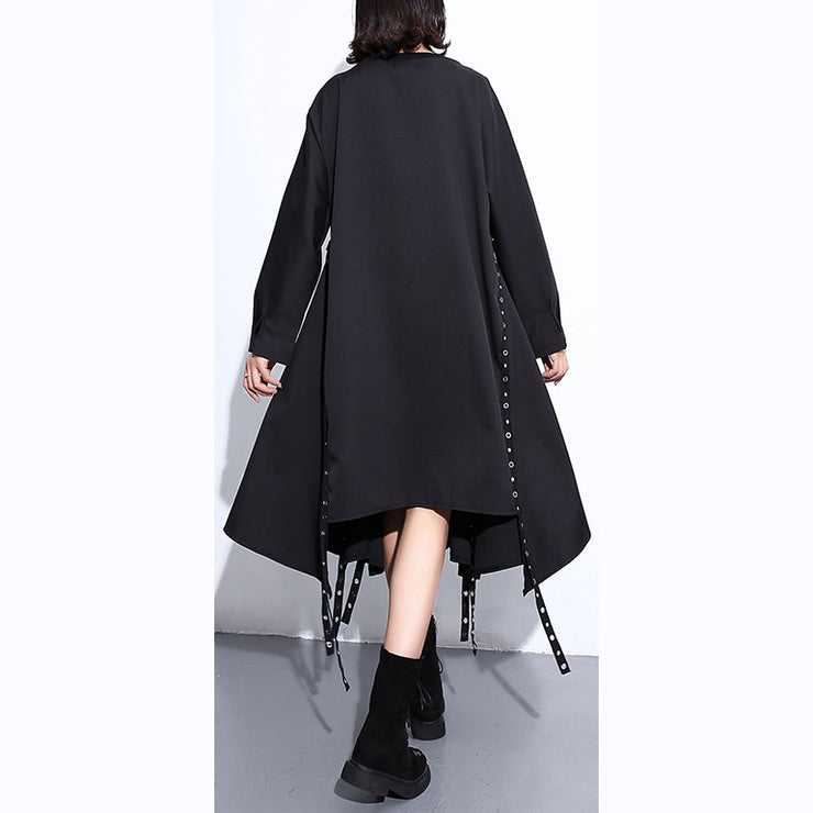 Frauen schwarzes Seidenbaumwoll-Maxikleid plus Größe O-Ausschnitt Baggy Seidenbaumwollkleidung Kleid Boutique asymmetrisches Design Herbstkleid