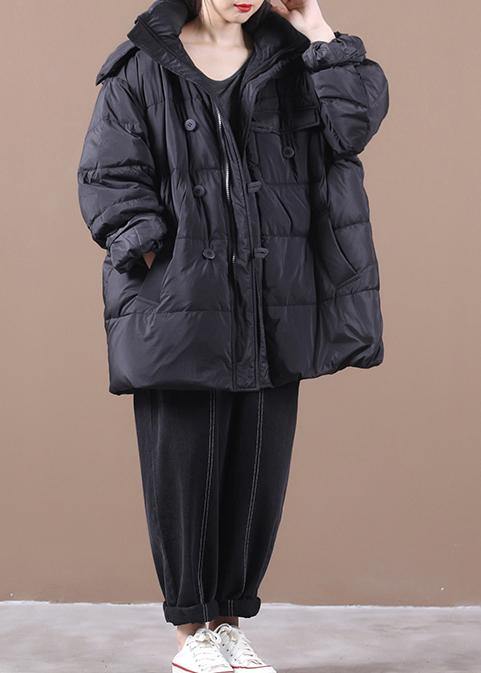 women black warm winter coat plus size down jacket hooded zippered Jackets - SooLinen