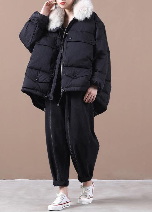 women black warm winter coat plus size parka faux fur collar drawstring Elegant coats - SooLinen