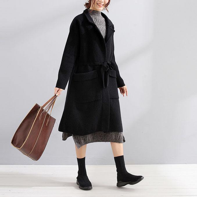 women black wool coat plus size trench coat fall Square Collar tie waist - SooLinen