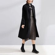 women black wool coat plus size trench coat fall Square Collar tie waist - SooLinen