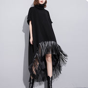 Frauen schwarz Wolle Polyester Kleider plus Größe niedrig hoch Design Kleidung Kleid Feine Quaste Maxikleider