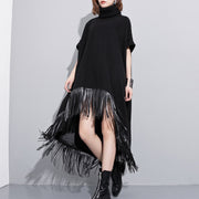 Frauen schwarz Wolle Polyester Kleider plus Größe niedrig hoch Design Kleidung Kleid Feine Quaste Maxikleider
