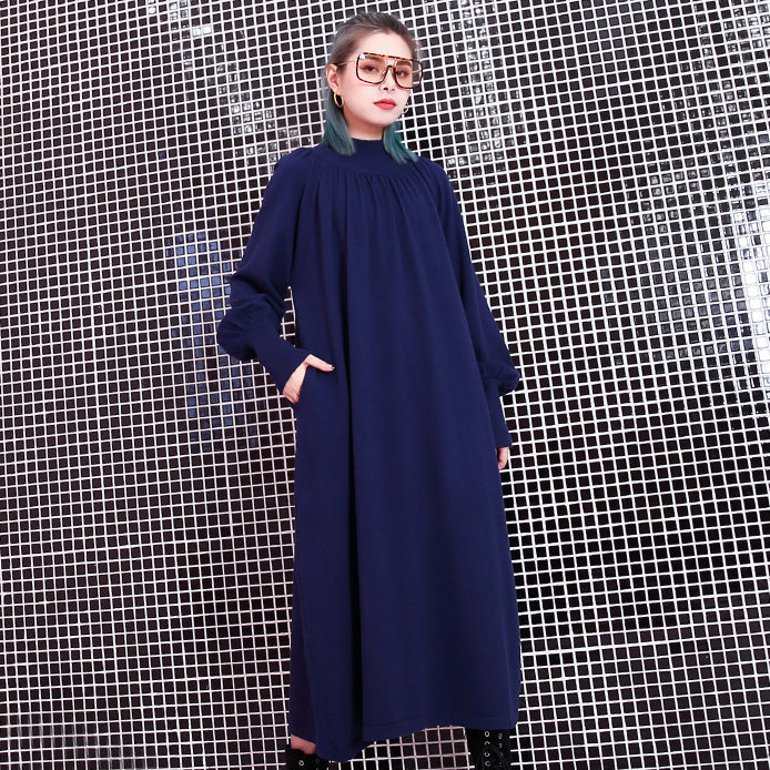 women blue fall casual stand collar traveling dress 2018 pockets baggy dresses