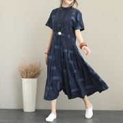 women blue natural cotton dress Loose fitting stand collar caftans boutique big hem shirt maxi dresses