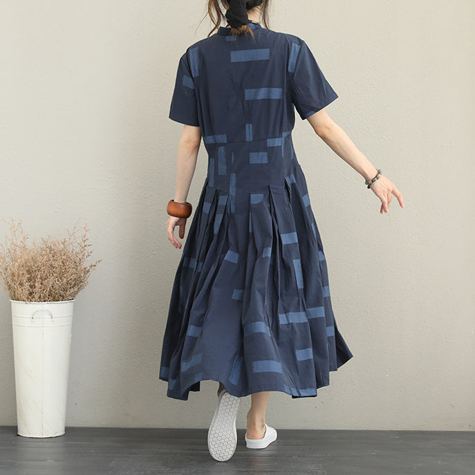 women blue natural cotton dress Loose fitting stand collar caftans boutique big hem shirt maxi dresses