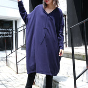 Frauen blau plus Größe lässig baggy Kleider 2018 Kleid aus Baumwollmischgewebe mit V-Ausschnitt und Kordelzug