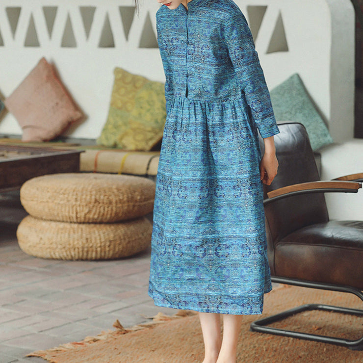 women blue print Midi-length cotton linen dress trendy plus size cotton linen dresses Stand natural cotton linen dress