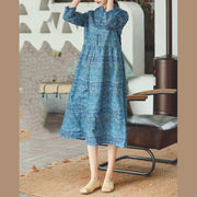 Frauen blauer Druck Midi-Länge Baumwoll-Leinen-Kleid Trendige Plus-Size-Baumwoll-Leinen-Kleider Stehen Sie natürliches Baumwoll-Leinen-Kleid