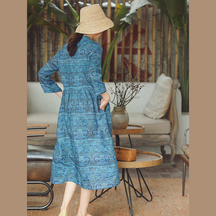women blue print Midi-length cotton linen dress trendy plus size cotton linen dresses Stand natural cotton linen dress