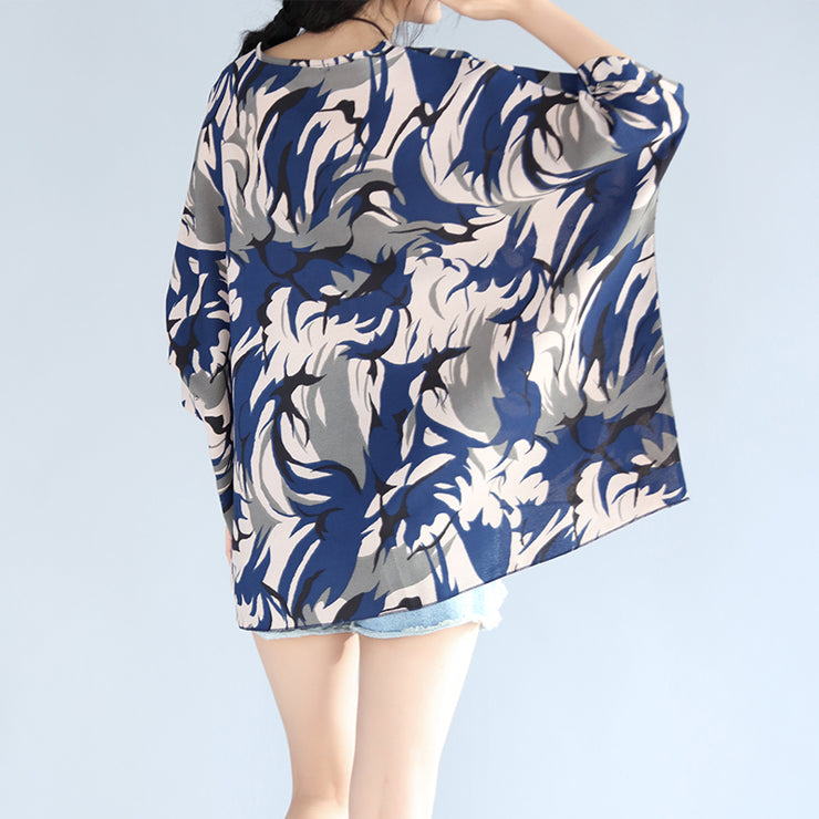 women blue prints pure cotton blouse oversize holiday tops boutique o neckhalf sleeve cotton blouses