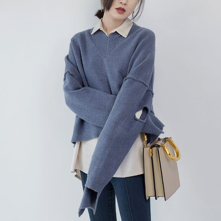 Frauen blauer Pullover plus Größe V-Ausschnitt Strickblusen Frauen asymmetrisches Design Top