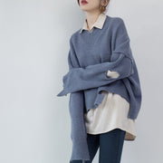 Frauen blauer Pullover plus Größe V-Ausschnitt Strickblusen Frauen asymmetrisches Design Top