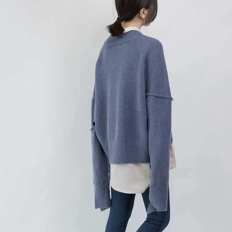 women blue sweater plus size V neck knitted blouses women asymmetrical design top