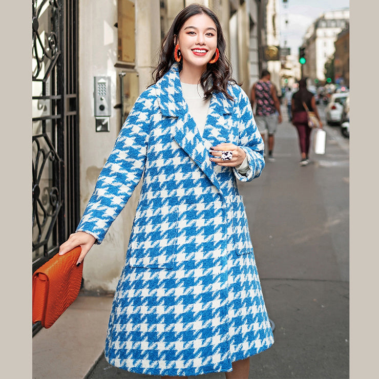 Frauen blau weiß karierter Wollmantel lässig eingekerbter langer Mantel Boutique-Taschen lange Mäntel
