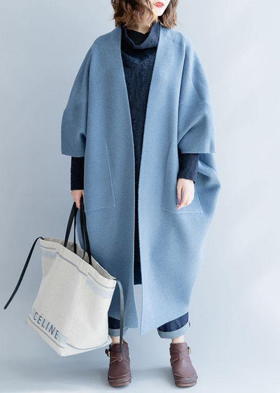 women blue wool overcoat Loose fitting long winter coat fall jackets Batwing Sleeve - SooLinen