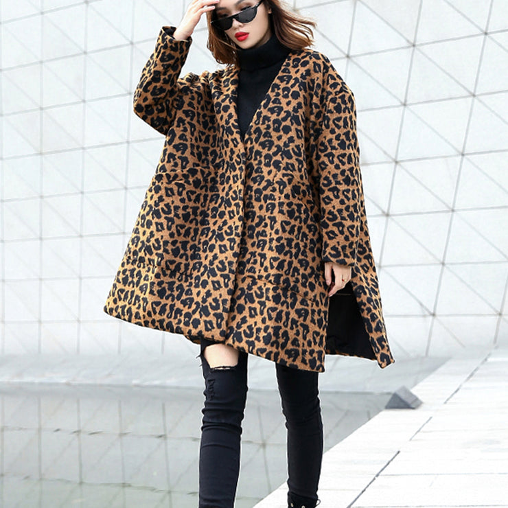 Damen brauner Leopardenmantel lässig V-Ausschnitt Taschen Wintermantel Elegante, seitlich offene Mäntel