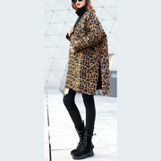 women brown Leopard coat casual v neck pockets Winter coat Elegant side open coats