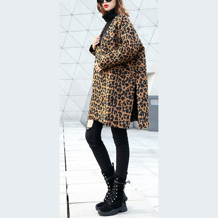 Damen brauner Leopardenmantel lässig V-Ausschnitt Taschen Wintermantel Elegante, seitlich offene Mäntel